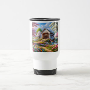 Taza De Viaje Puente y río colorido cubierto de primavera/floral