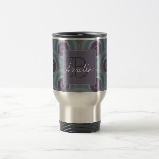 Taza De Viaje Purple and Green Retro Circles Pattern Monogram (Centro)