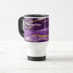 Taza De Viaje Purple Gold Purpurina Marble Nombre personalizado 