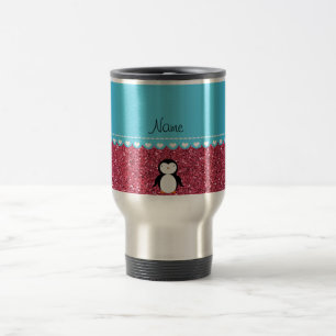 Taza De Viaje Purpurina rosado fucsia personalizado del pingüin