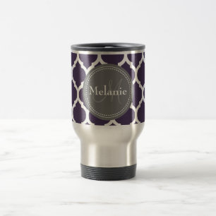 Taza De Viaje Quatrefoil morado y gris monogramado