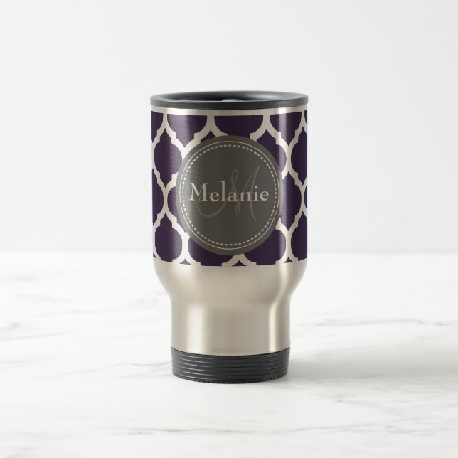 Taza De Viaje Quatrefoil morado y gris monogramado (Centro)