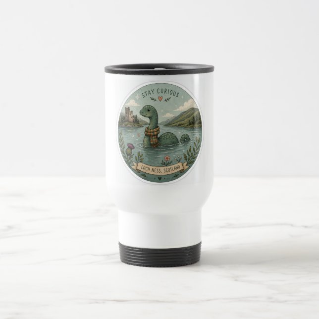 Taza De Viaje Quédate Curioso Acogedor Críptido Nessie Monstruo  (Centro)