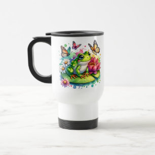 Taza De Viaje Rana personalizada con flores en Lilypad