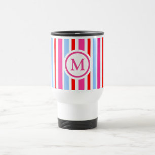 Taza De Viaje Rayas de caramelo rojas y azules brillantes Monogr