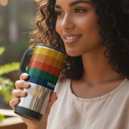 Taza De Viaje Rayas Retro del Atardecer con Nombre en Negrita Es