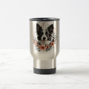 Taza De Viaje Retrato de Border Collie con Marco Floral