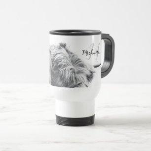 Taza De Viaje Retrato de vaca Highland monograma inicial blanco