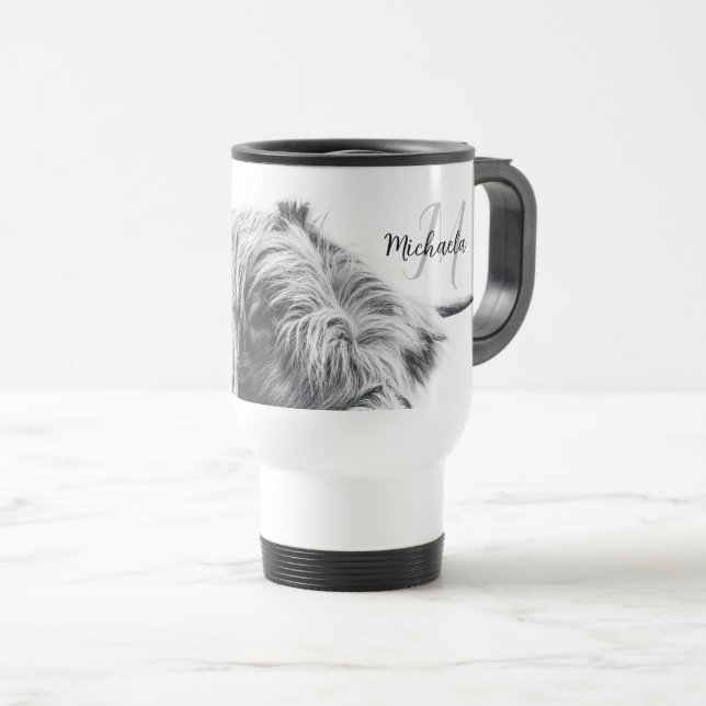 Taza De Viaje Retrato de vaca Highland monograma inicial blanco  (Anverso derecho)