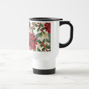 Taza De Viaje Retro 50s Flor de Nochebuena Rojo Verde Crema
