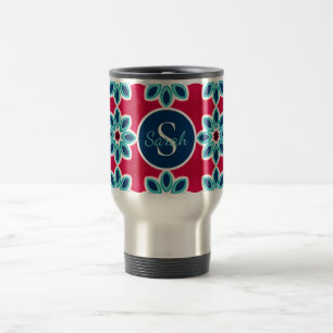 Taza De Viaje Rojo Brillante y Azul Geométrico Moderno Personali