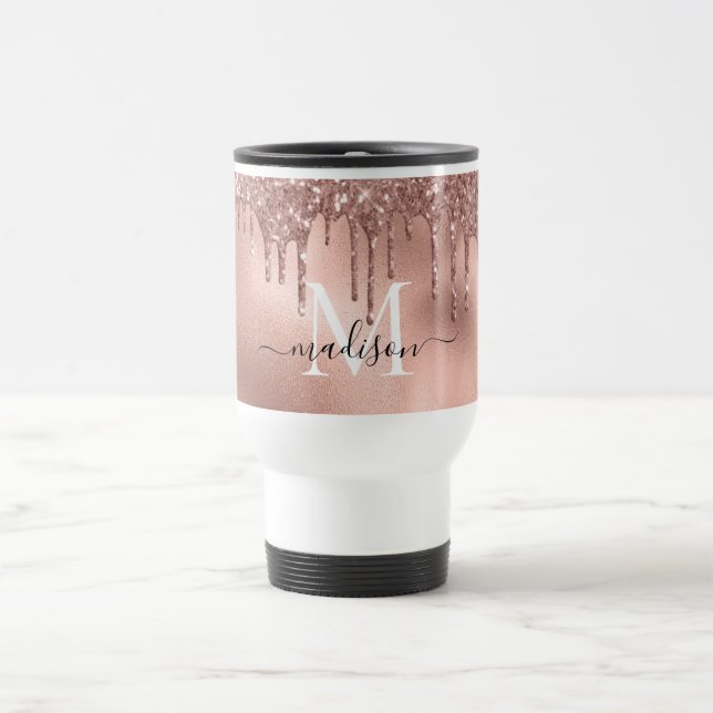 Taza De Viaje Rosa metálico monogramo Perforaciones de Purpurina (Centro)