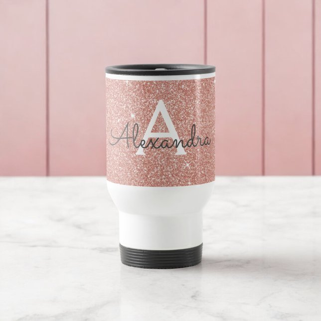 Taza De Viaje Rosa Purpurina de espuma dorada Monograma Nombre e (Subido por el creador)