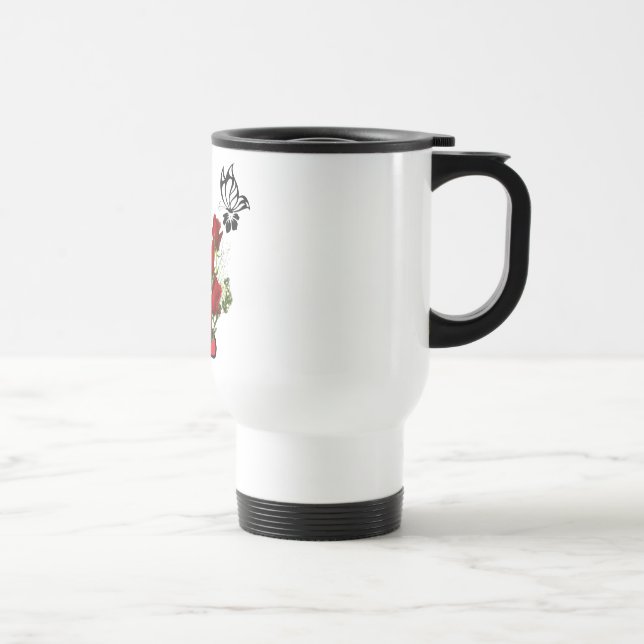 Taza De Viaje Rosa Roja con mariposa y pájaro (Derecha)