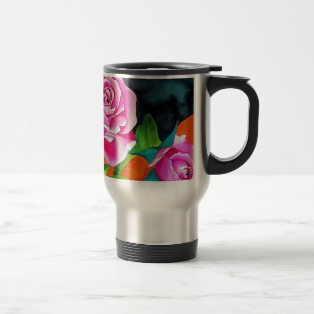 Taza De Viaje Rosa rosa con arte acuarela naranja (Derecha)