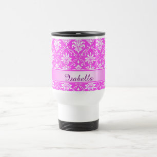 Taza De Viaje Rosa y Damask nombrado blanco