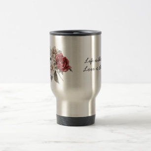 Taza De Viaje Rosas acuarela Bouquet de primavera y cita de amor