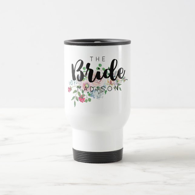 Taza De Viaje Rubefacción Rosa acuarela Boda floral Novia (Centro)
