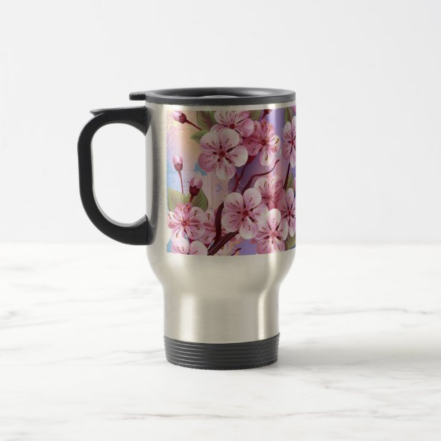 Taza De Viaje Sakura rosa sobre fondo de pintura (Izquierda)