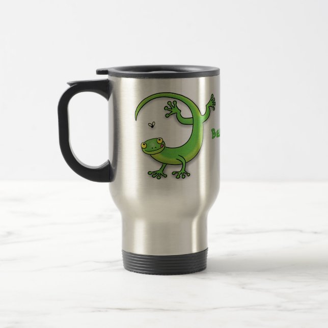 Taza De Viaje Saludos felices de gecko verde lindo con personali (Izquierda)