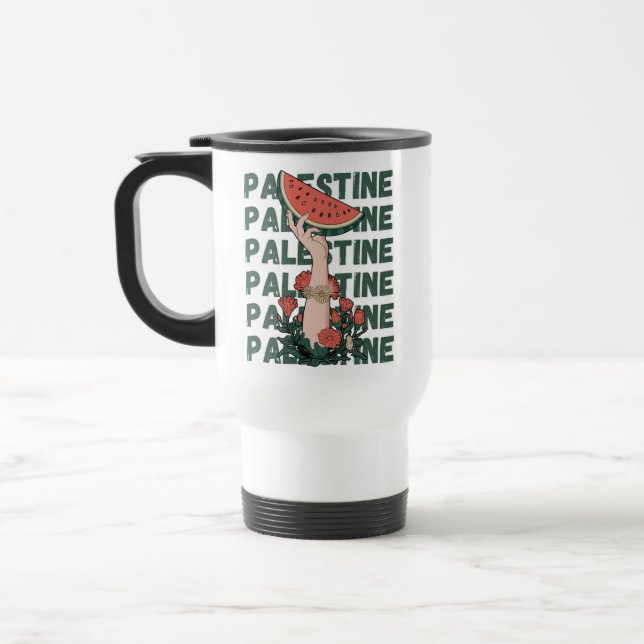 Taza De Viaje sandía, flores y texto palestino Repetir (Izquierda)