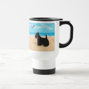 Taza De Viaje Scottie en la playa con gaviota