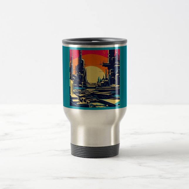 Taza De Viaje SF Futurista City Woodcut 1 (Centro)