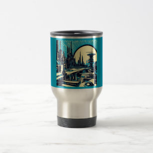 Taza De Viaje SF Futurista City Woodcut 3