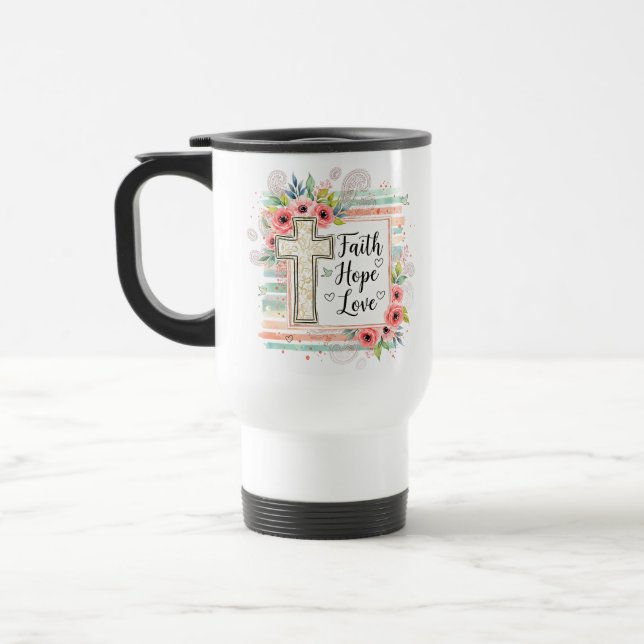 Taza De Viaje Shabby Chic floral Faith Hope Love (Izquierda)