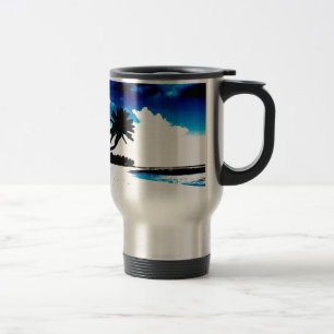 Taza De Viaje Silueta de árbol de palmera blanco azul