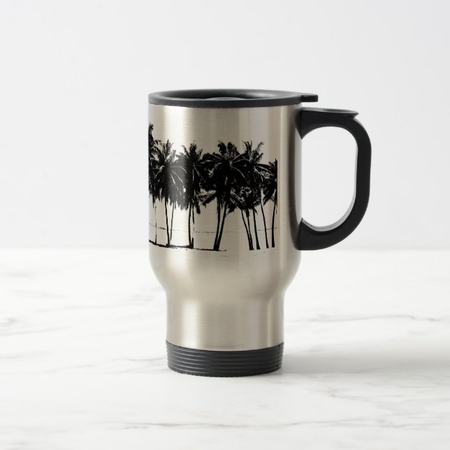 Taza De Viaje Silueta de árboles de palmeras blancas negras (Derecha)