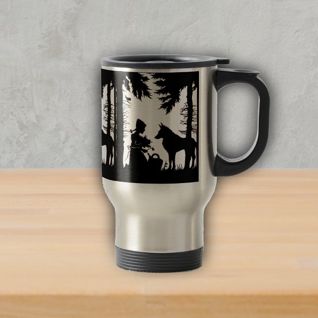 Taza De Viaje Silueta negra Red Riding Hood Wolf Woods (Black Silhouette LIttle Red Riding Hood in Woods with wolf on travel drink mug.)