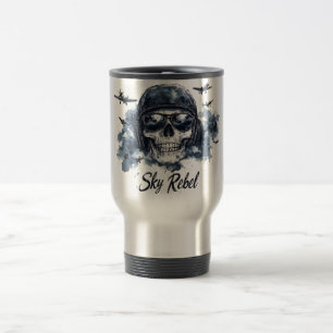 Taza De Viaje Skull Sky Rebel con casco piloto y gafas de sol