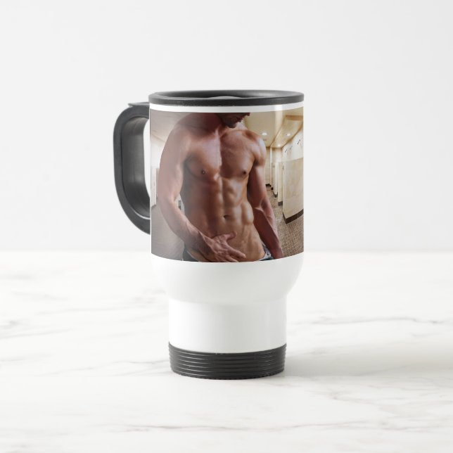 Taza De Viaje SlipperyJoe hombre muscular sin camisa 6pack abs f (Anverso izquierdo)