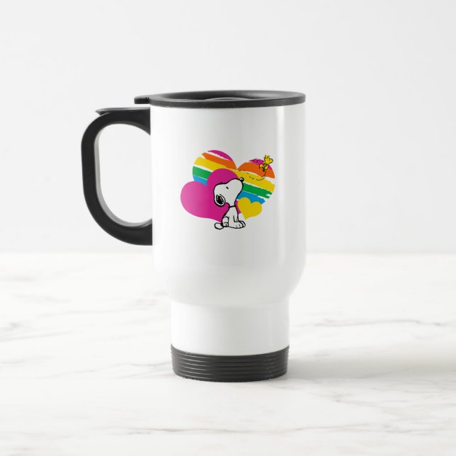 Taza De Viaje Snoopy y Woodstock | Corazones arcoiris (Izquierda)