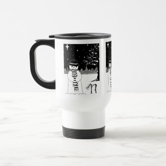 Taza De Viaje snowman blanco y negro vestido para navidades (Izquierda)