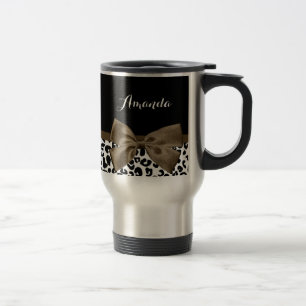 Taza De Viaje Sofisticado Leopard Print Brown Bow Con Nombre