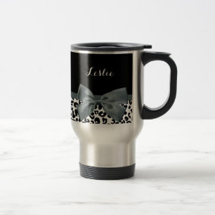 Taza De Viaje Sofisticado Leopard Print Gray Bow con el nombre