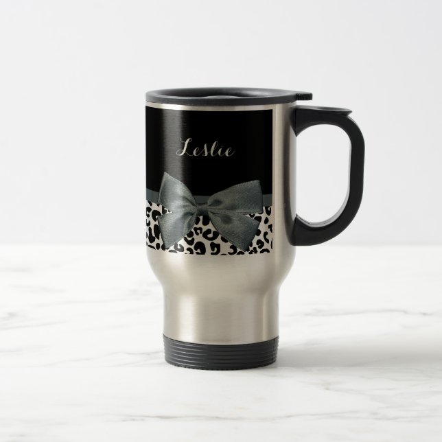 Taza De Viaje Sofisticado Leopard Print Gray Bow con el nombre (Derecha)