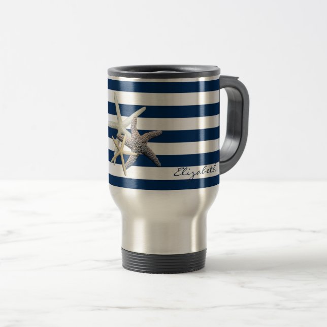 Taza De Viaje Starfish Adorable, Navy Blue Stripes Personalizado