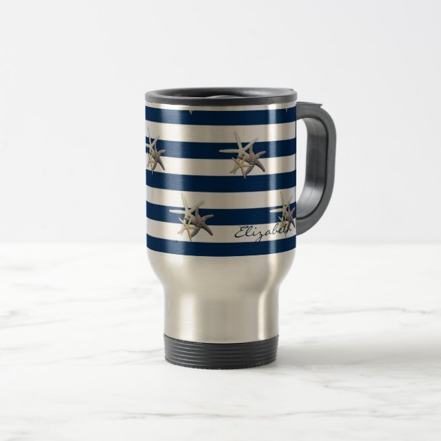 Taza De Viaje Starfish Adorable, Navy Blue Stripes Personalizado (Anverso derecho)