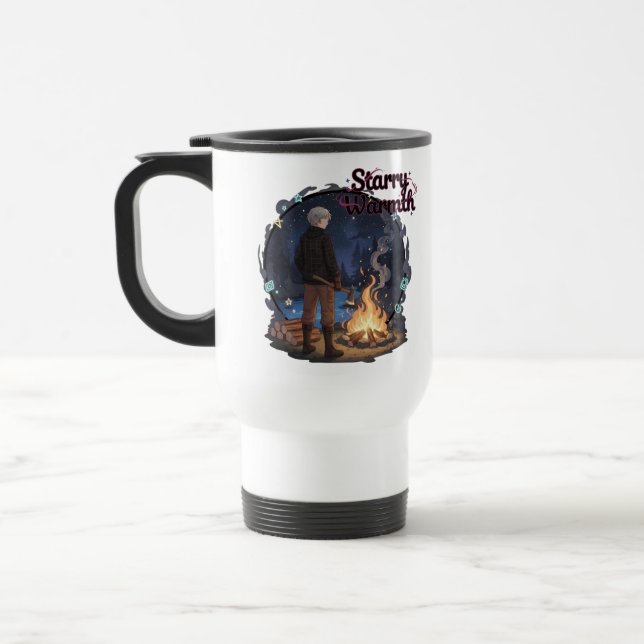 Taza De Viaje Starry Warmth - Lumberjack Anime Boy by Campfire (Izquierda)