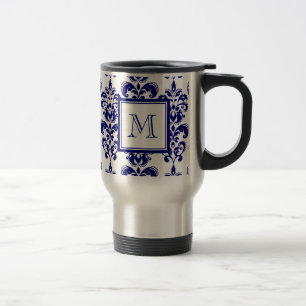 Taza De Viaje Su monograma, modelo 2 del damasco de los azules