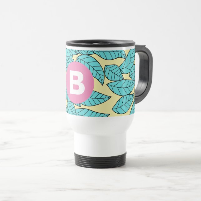 Taza De Viaje Teal Leaves Botanical Pattern Bright Pink Monogram (Anverso derecho)