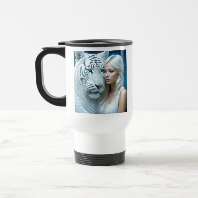 Taza De Viaje Tigre blanco místico y mujer hermosa (Izquierda)