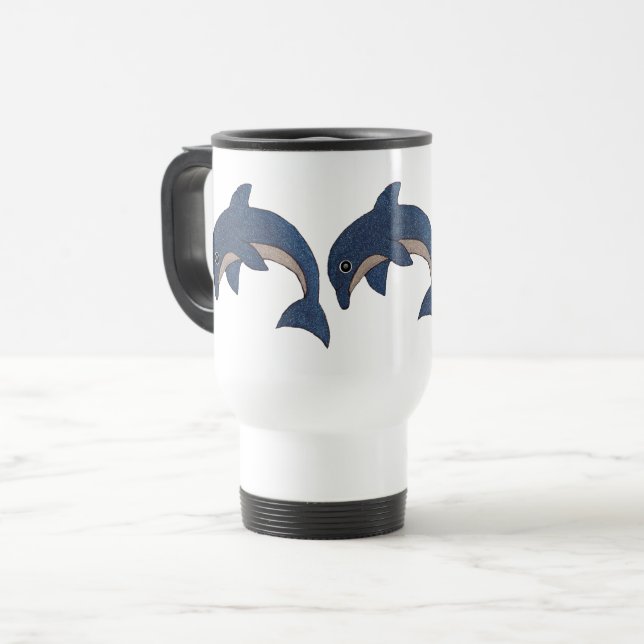Taza De Viaje Tres delfines blancos azules y oscuros saltando (Anverso izquierdo)