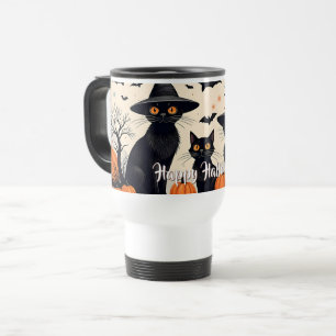 Taza De Viaje Tres gatos negros con sombreros en Halloween
