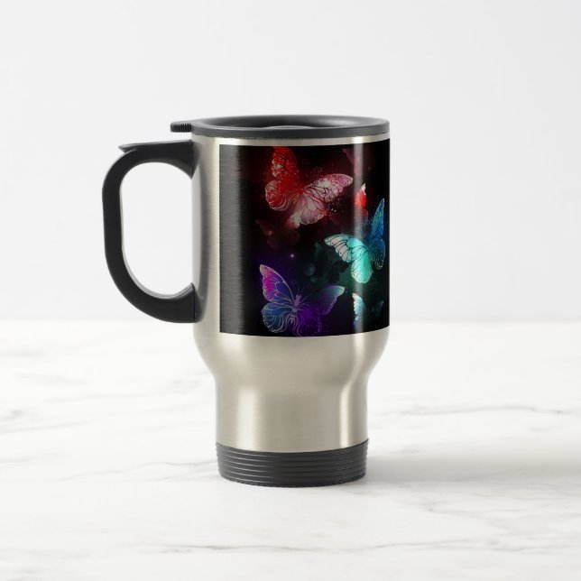 Taza De Viaje Tres mariposas brillantes en el fondo nocturno (Izquierda)