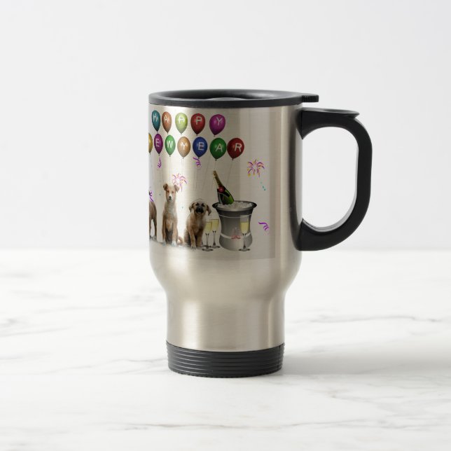 Taza De Viaje Tres perros graciosos deseando un feliz año nuevo  (Derecha)