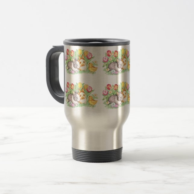 Taza De Viaje Tulipanes de primavera, conejillos y pollos, peluc (Anverso izquierdo)